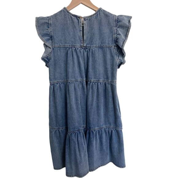 Altar'd State Tiered Ruffle Babydoll Denim Mini Dress A-Line Blue Medium - Picture 3 of 6